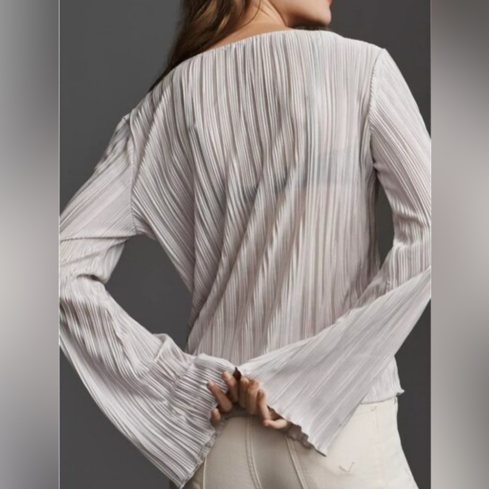 Anthropologie Grey Silver Sheer Plisse Long Sleeve Tie Front Top Size Small - Picture 2 of 13